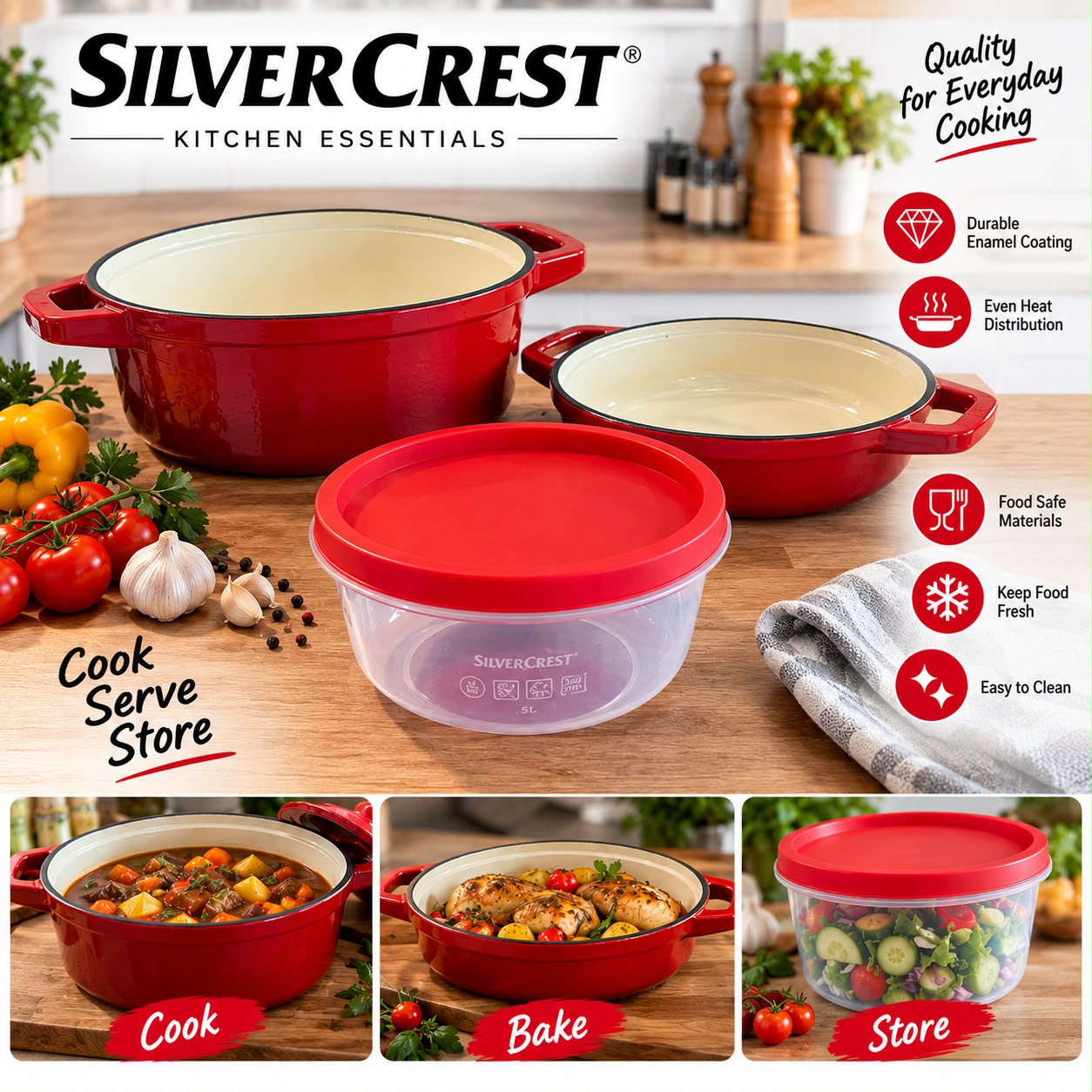 SilverCrest Enamel Cookware Set with Food Storage Container – 3 Pieces 1